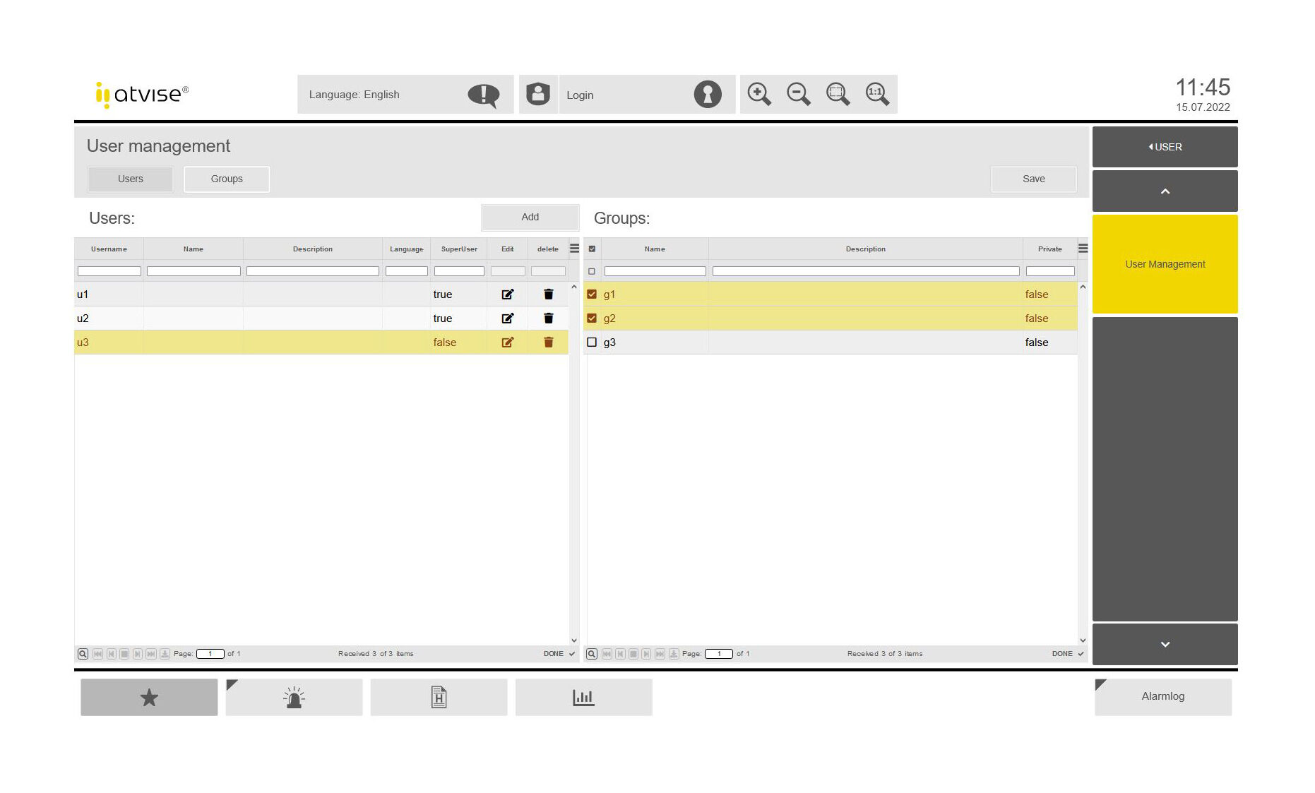 Atvise Monitor at-atvise® live - User Management - atvise - HMI + SCADA