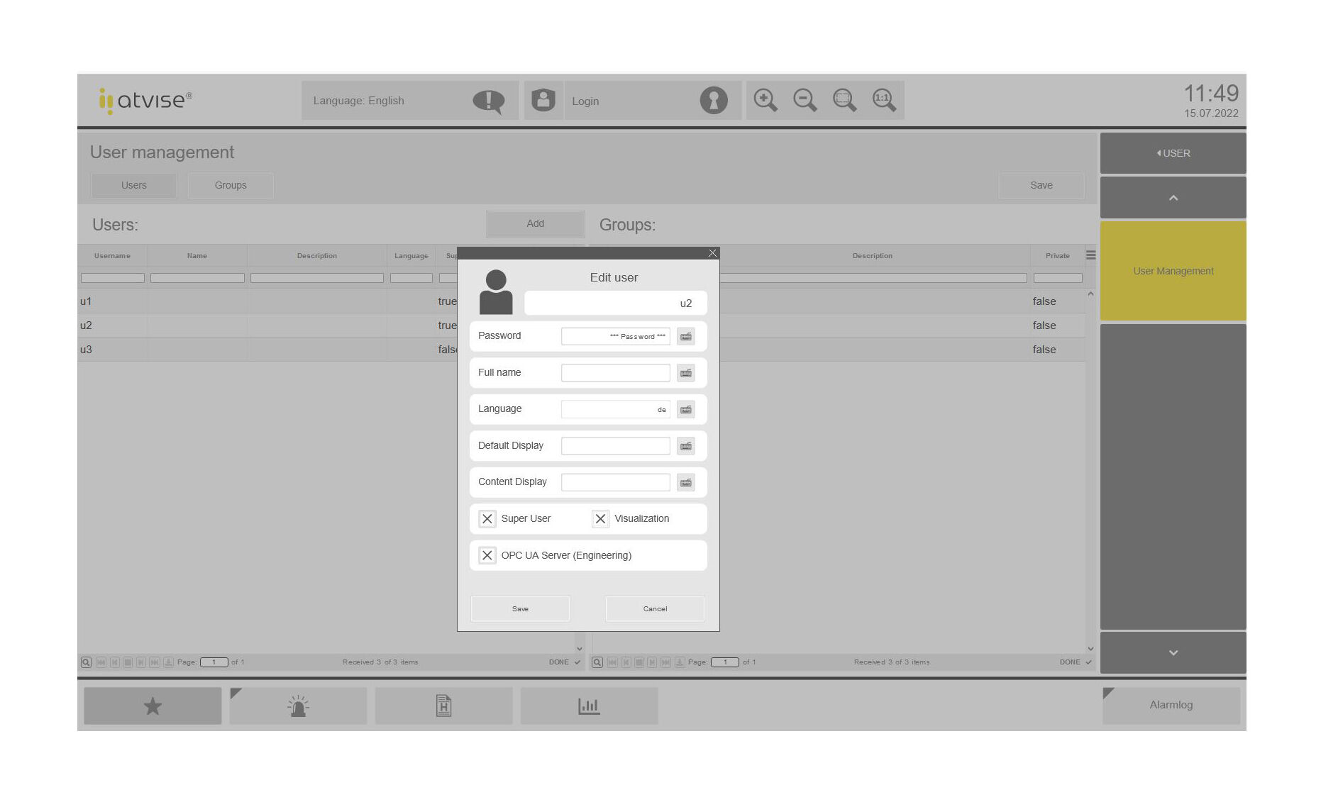 Atvise Monitor at-atvise® live - User Management - atvise - HMI + SCADA