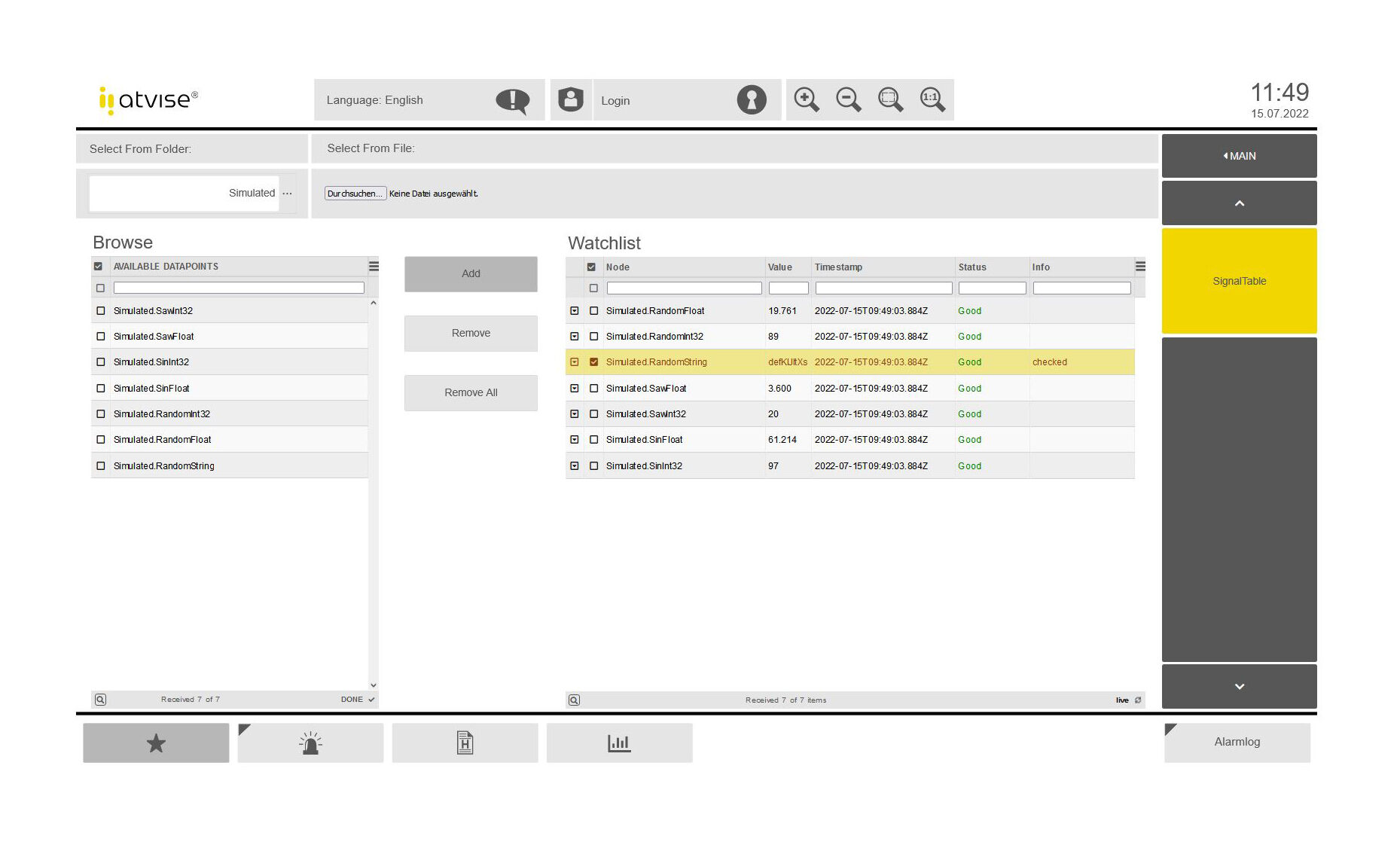 Atvise Monitor at-atvise® live - Signal Table - atvise - HMI + SCADA